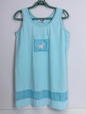 Vintage Escape Light Aqua Cotton Tank Mini Dress with Embroidered Sun Pocket S